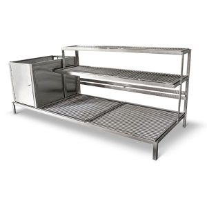 Parrillera Inox JX Metais em aço inox 304 com firebox lateral e grelhas removíveis